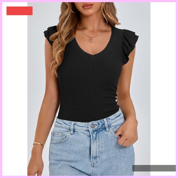 Women's V-Neck Ruffle Sleeveless Slim Fit Summer Top Blouse - Picture 3 of 4